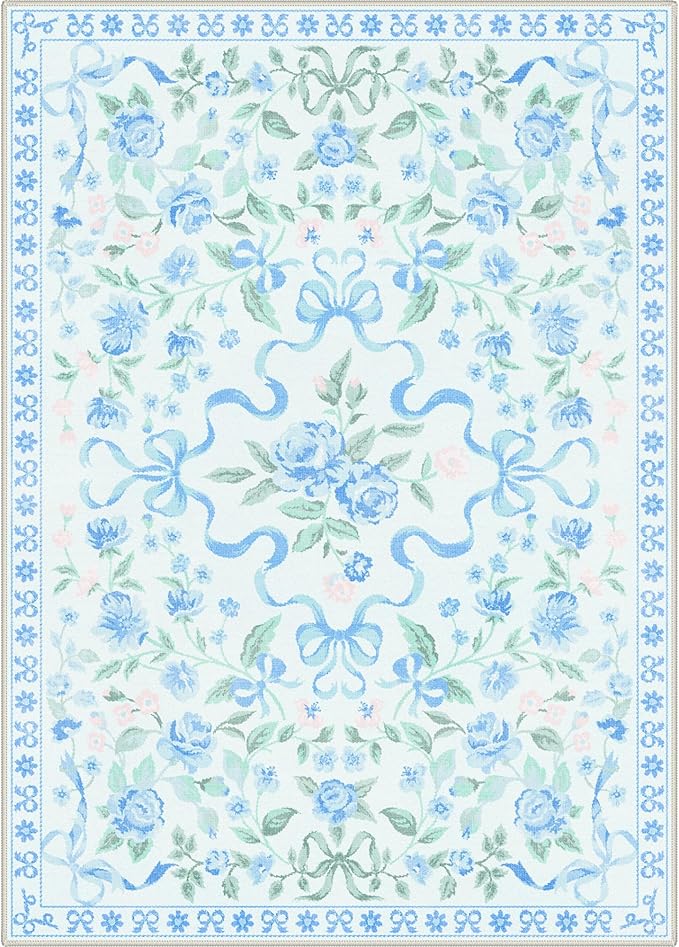 GENIMO 3X5 Washable Vintage Area Rugs for Living Room, Non-Slip Low Pile Chenille Print Rug, Soft Rugs for Bedroom Dining Room Home Office, Pastel Blue