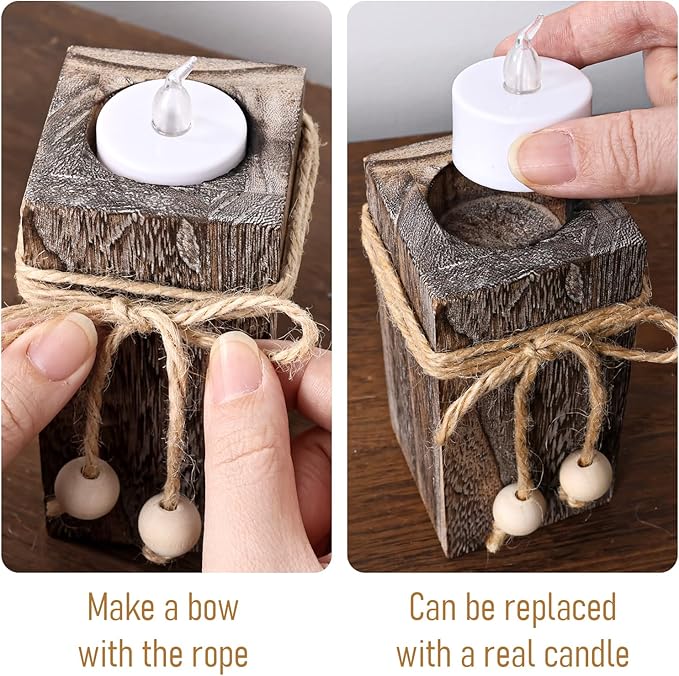 MelonBoat Rustic Wood Candle Holders: Farmhouse Candle Holders with Battery Operated Candles，Rustic Farmhouse Decor, Flameless LED Candles 3-Pack for Living Room Party Holiday Home Decor