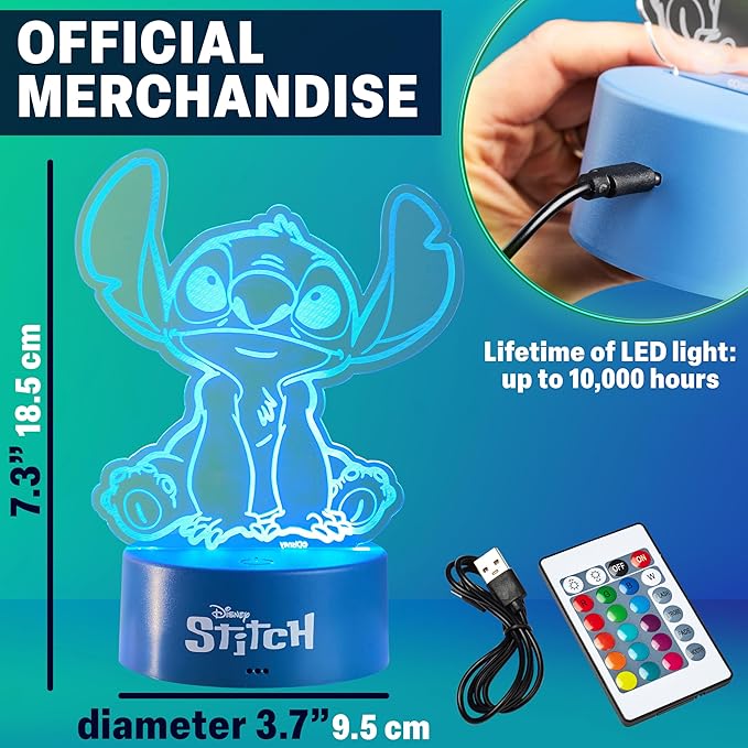 Get Trend Disney Stitch 3D Illusion Night Light for Kids, 16 Colors, 4 Lighting Modes, Dimmable, Dual Powered LED Desk Lamp with Remote Control, Bedroom Decor, Gifts for Boys, Girls (Multi Stitch)
