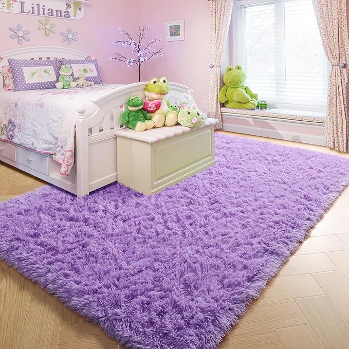 Purple Rugs for Bedroom Girls Room Decor Aesthetic, Cute Fluffy Shag Lavender Area Rug 4x6 for Living Room Dorm Classroom Nursery, Furry Plush Fuzzy Soft Throw Lilac Carpet for Kids, Baby, Teen