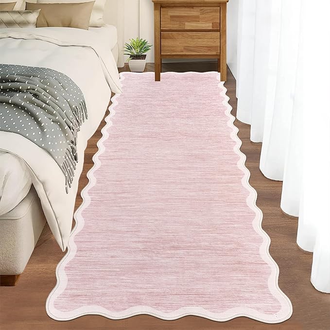 GarveeHome Scalloped Washable Runner Rug 2x6 Runner Non Slip Kitchen Rug Modern Pink Rug Entryway Rug Farmhouse Soft Bathroom Rugs Stain Resistant Carpet for Hallway Laundry Bedroom 2'x6' Pink