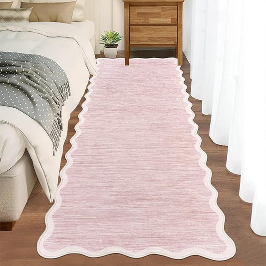 GarveeHome Scalloped Washable Runner Rug 2x6 Runner Non Slip Kitchen Rug Modern Pink Rug Entryway Rug Farmhouse Soft Bathroom Rugs Stain Resistant Carpet for Hallway Laundry Bedroom 2'x6' Pink