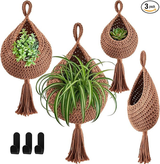 Honeydak Boho Decor Hanging Wall Baskets for Kitchen 3 Pack Teardrop Baskets with Hooks Storage Fruit Onion Vegetable Potato for Home 3 Sizes(White,Tassel,Cotton Rope)