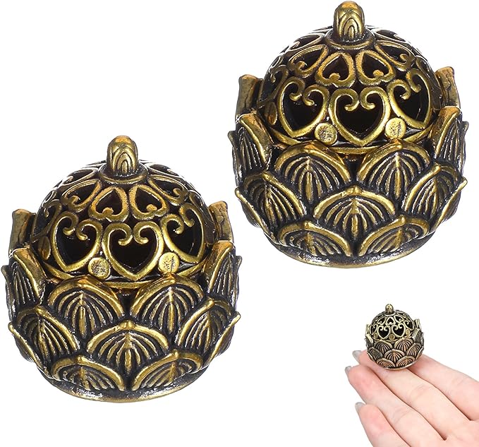 Thinp 2 Pcs Copper Lotus Incense Holder, Brass Lotus Incense Burner Mini Vintage Desktop Ornament for Cones Home Meditation Decor