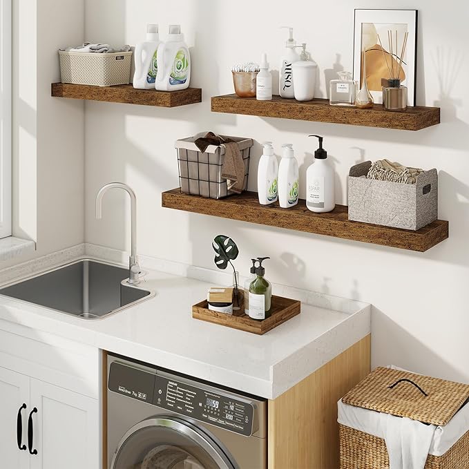 fuqing Floating Shelves for Wall, Wall Mounted Wood Floating Shelf with Invisible Brackets for Living Room, Bathroom, Bedroom, Kitchen Storage and Decor, 40 Inch Set of 2, Rustic Brown