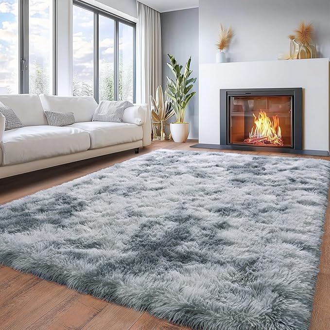 Area Rugs for Living Room 6x9, Ultra Soft Fluffy Rug for Bedroom, Modern Shaggy Carpet Fuzzy Rug for Girls Boys Room Home Indoor Nursery Teens Dorm Decor, Upgrade Non-Slip Durable, Tie-Dye Silver Grey