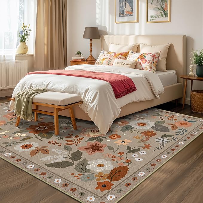 RELEANY Floral Nursery 6x9 Area Rugs Washable Print Boho Cute Carpet Non Slip Flower Low Pile for Living Room Kids Girls Playroom Bedroom Kitchen Office Farmhouse-Brown/Brick