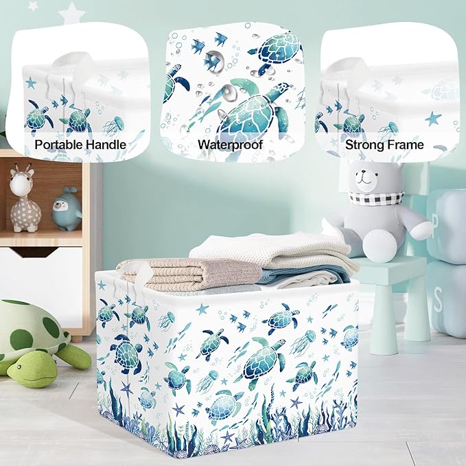 Sea Animals Laundry Hamper Ocean Fish Coral Large Storage Basket Parents Organizer Kids Clothes Toy Bins for Bedroom, Bathroom, Blue Turtles, 36L