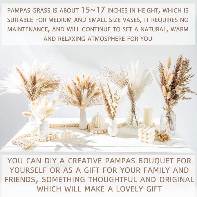 440PCS Natural Dried Pampas Grass Boho Home Decor Bouquet Phragmites Dried Flowers Bouquet for Wedding Floral Arrangements Home Decorations (440PCS)