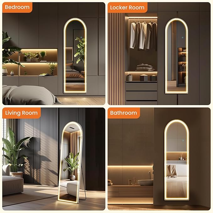 Sweetcrispy Arched LED Full Length Mirror with Stand, 60"x16" Lighted Floor Body Mirror with Dimming & 3 Color Lighting, Hanging or Leaning, Floor Standing for Bedroom, Dressing Room