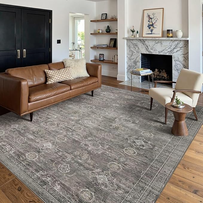 Rugxara Area Rugs 5x7 for Living Room Bedroom, Grey Washable Rug, Vintage Retro Boho Rug, Non Slip & Low Pile Faux Wool Thin Carpet for Indoor Dining Room, Dorm and Kids Room(Taupe/Grey 5x7ft)