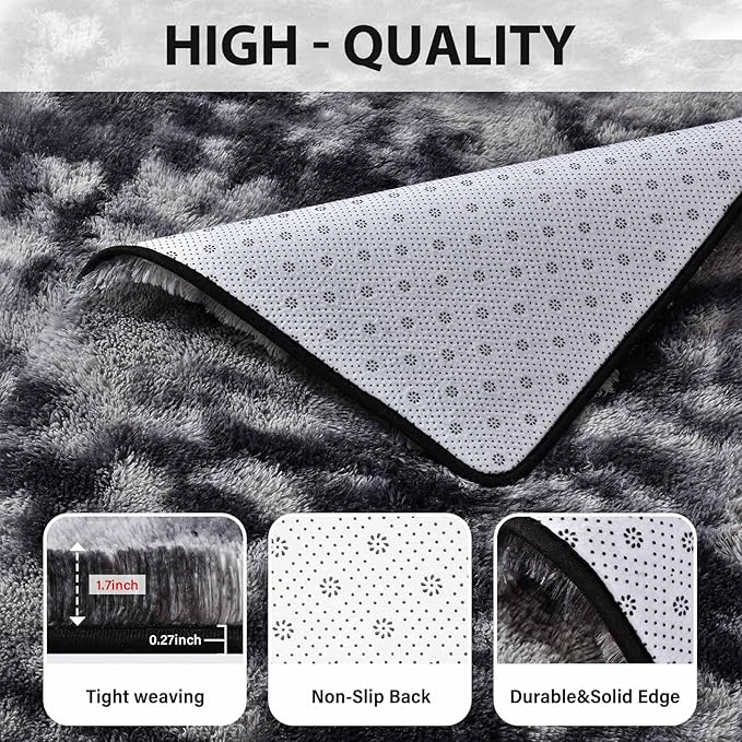 FinRèc 9x12 Feet Rugs for Living Room Bedroom, Soft Dark Grey Fluffy Area Rug, Non-Slip Solid Shag Rug for Nursery Kids Room Dorm Room Home Decor, Indoor Floor Carpet