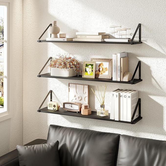 BAMEOS Rustic Wood Wall Shelves - Set of 3, Large Bookshelf for Living Room, Bedroom and Kitchen, Black Shelves for Wall Decor