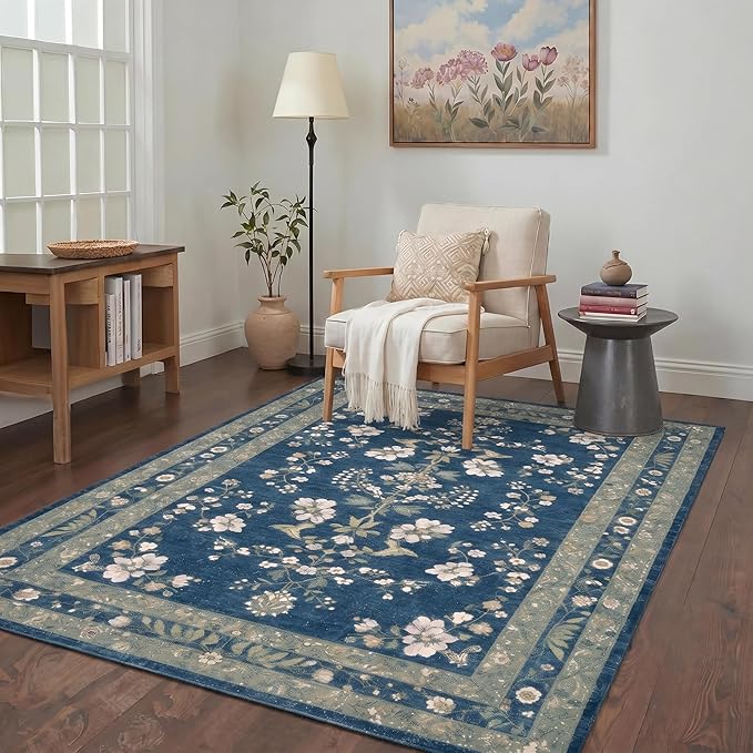GENIMO 5x7 Area Rugs for Living Room, Machine Washable Non Slip Vintage Rugs, Low Pile Lightweight Chenille Print Rug for Bedroom, Dining Room, Home Office, Dusty Navy