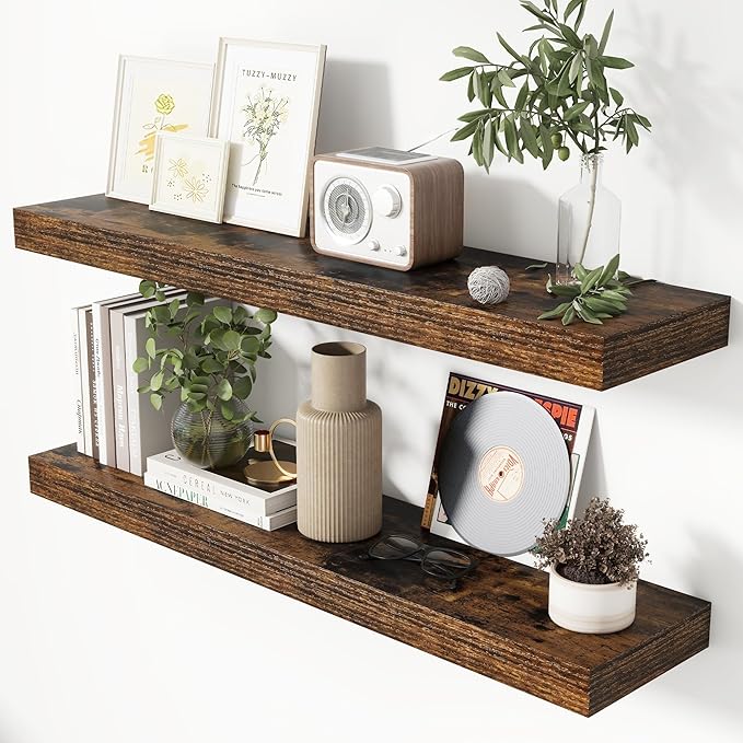 Heimlove 48 Inch Floating Shelves for Wall 8 Inch Deep Rustic Brown Shelves Set of 2,Wall Mounted Rustic Wood Long Floating Shelf，Large Display & Storage Shelf with Invisible Brackets