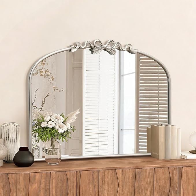 Besdomus Antique Arch Large Mirror: 32"x24" Champagne Silver Bow Antique Wall Mounted Mirror - Baroque Traditional Ornate for Living Room/Fireplace/Bathroom- Home Decor for Homemakers