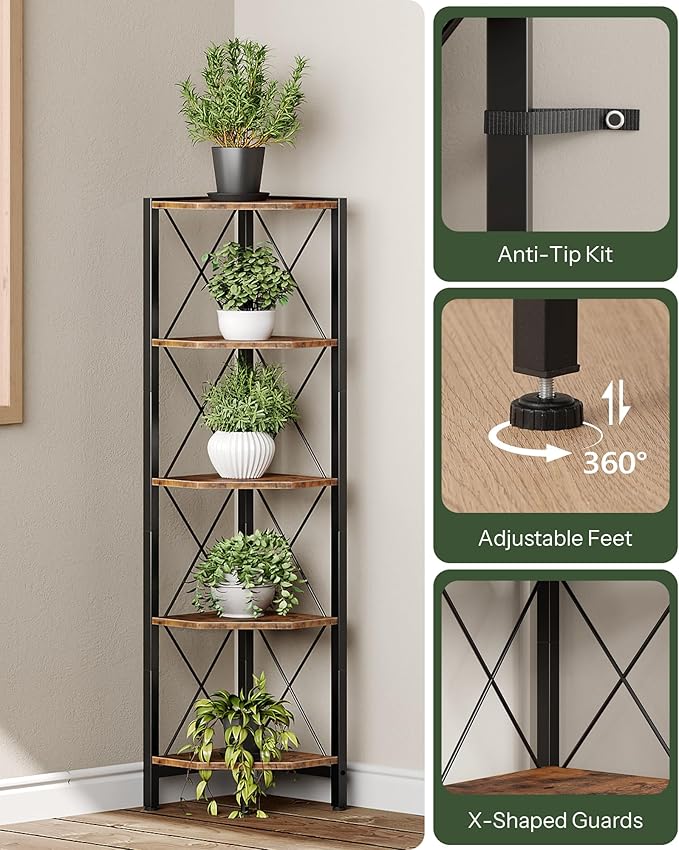 CHOEZON 5-Tier Corner Shelf, Corner Bookcase, 55.2" Tall Vertical Display Rack, Plant Stand, Open Storage Shelf, for Living Room, Bedroom, Study, Kitchen, Rustic Brown and Black TCJ12BF