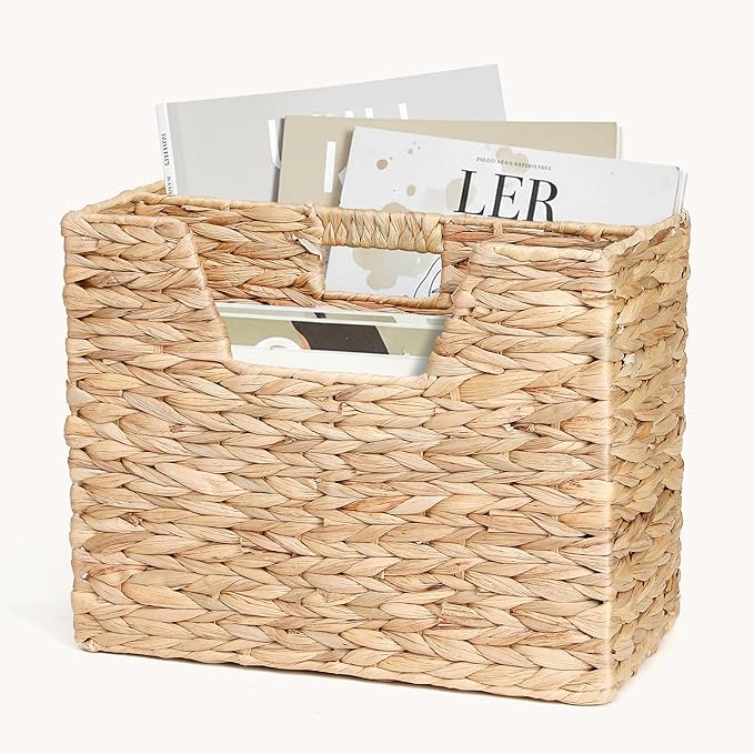 Water Hyacinth Magazine Basket, Dual Compartment Storage Basket with Handle, Natural Fiber Wicker Storage Baskets for Shelves Home Organization & Office Organizer