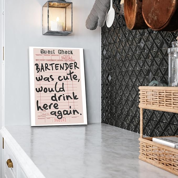 Framed Fun Bar Canvas Wall Art Bar Cart Accessories and Decor Trendy Preppy Black White Retro Guest Check Wall Decor Vintage Canvas Artwork for Home Kitchen Wall Decoration 16x24inch, Ready to Hang