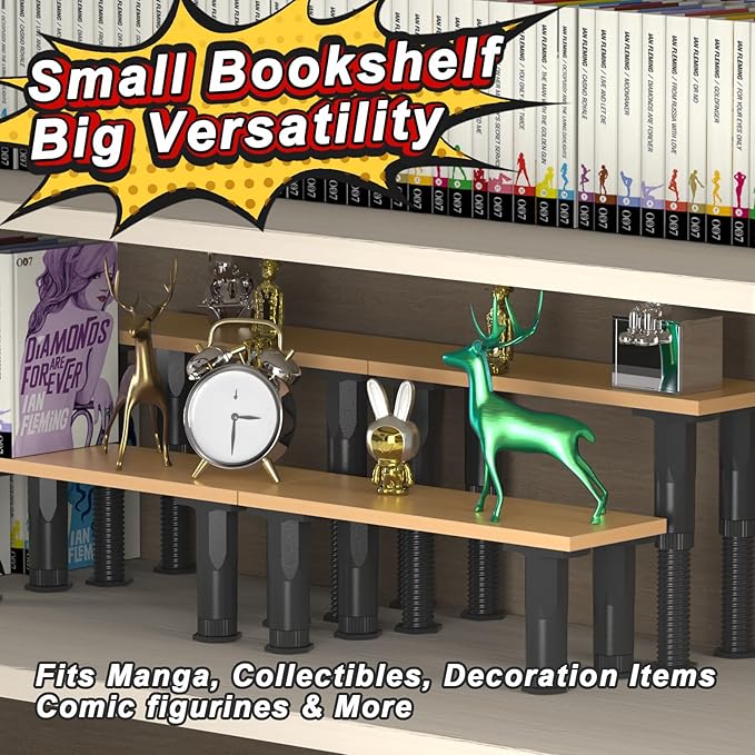 Manga Shelf Risers, 2 Pack Bookshelf Risers for Double Row Book Display, Height Adjustable, Light Wood Finish, Space Saving Organizer for Manga, Figures & Collectibles
