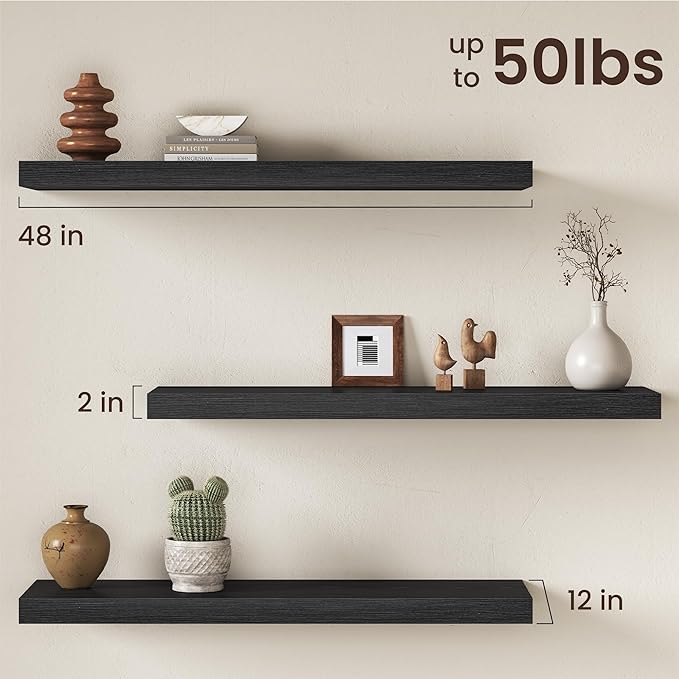 Black Floating Shelves 48Inch Long, 12 Inch Deep Floating Shelves for Wall, 48 x 12 Large Floating Shelf for Fireplace Mantel, 2" Thicked Rustic Wall Shelves for Living Room, Bedroom Storage, 2 Packs
