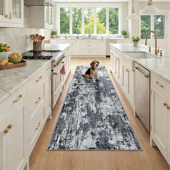 RELEANY Washable Area Rugs 2'6"x8 Non-Slip Modern Abstract Soft for Living Room Entryway Bedroom Nursery, Print Pattern, Black Navy Blue Gray