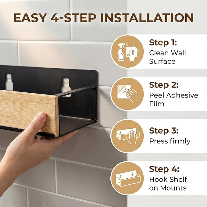 Bathroom Shelves,Wall Mounted Floating Shelf,Over Toilet Storage Shelf,Metal Bamboo Wall Shelves,Home Storage Organizer Essentials for Bathroom/Living Room/Kitchen/Bedroom(White)