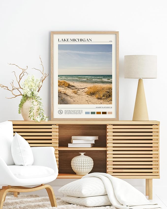 HesenDot Natural OAK Wood Lake Michigan Framed Wall Art,12x16in Natural Scenery Canvas Wall Print,Classic Urban City Landmark Wall Decor for Living Room,Bedroom,Office Gallery Gifts Set of 1