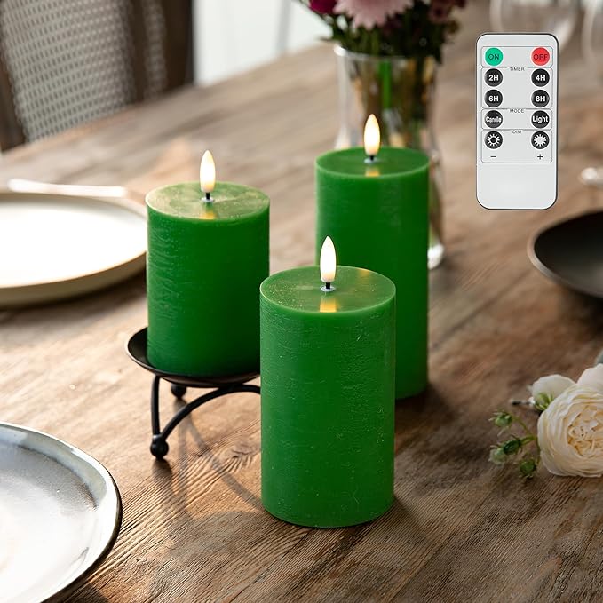 LUSHARBOR LUSHABOR Green Flameless Candles, Battery Operated Candles for St. Patrick’s Day, Real Wax LED Fake Candles for Spring Decor Party Centerpiece Green Set of 3