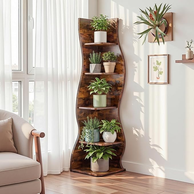 VECELO Wavy Corner Shelf, Decorative 5-Tier Storage Bookshelf, 70.1” Tall Freestanding Display Bookcase for Small Spaces, Living Room or Bedroom, Rustic Brown