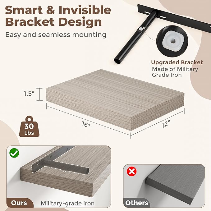 Fun Memories Floating Shelves for Wall, 12 x 16 Floating Shelf for Books, Rustic Wood Deep Storage Wall Shelf with Invisible Bracket - 16" Grey Shelves for Living Room & Bedroom, Set of 2