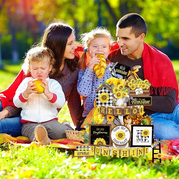 Bucherry 24 Pcs Sunflower Tiered Tray Decor Spring Decorations for Home Farmhouse Decorative Trays Wooden Sign Table Centerpieces for Home Kitchen Shelf Supplies