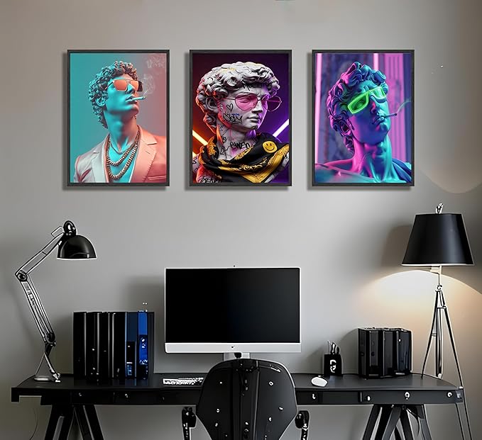 FJKLRP 3pcs Cyberpunk David Wall Art Neon Graffiti Canvas Prints poster Modern Pop Art Canvas Wall Decor for Living Room Gaming Room Bedroom Decoration Unframed