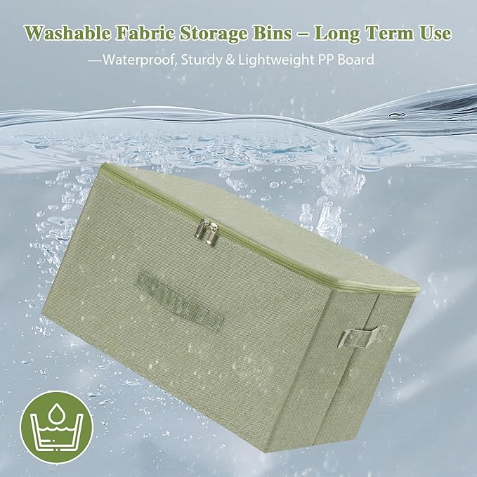 ANMINY 2PCS Storage Bins with Zipper Lids 51.9 Qt Lidded Fabric Storage Boxes Baskets Cubes with Handles Collapsible Washable Cotton Linen Closet Shelf Clothes Organizer - Green, Extra Large