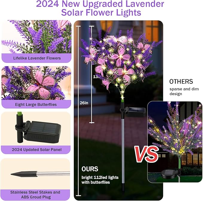 Solar Garden Lights Outdoor, 4 Pack Purple Lavender Solar Butterfly Lights Gardening Gifts for Women, Artificial Flower with Butterfly Purple Garden Decor for Lawn Patio-Warm White