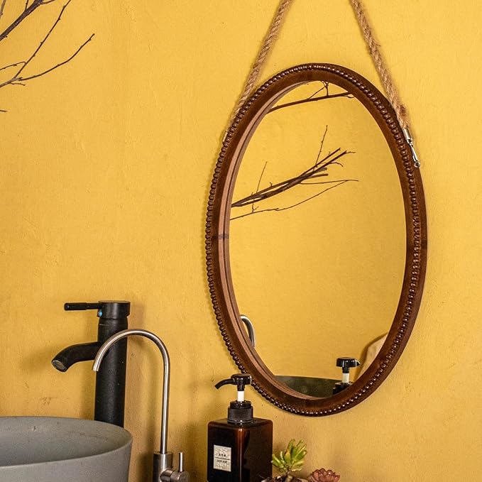 OKSQW 20 Inch Oval Wall Mirror Wooden Bead Frame Art Decorative Rustic Farmhouse Wooden Mirror Hanging Mirror with Rope for Entryway Bedroom Living Room Bathroom