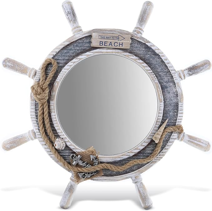 CoTa Global Silver Sea Beach Wall Decor Nautical Ship Wheel Mirror - Handcrafted Wooden Ship Wheel Mirror with Hanger, Nautical Themed Home Decor, Decorative Ornament