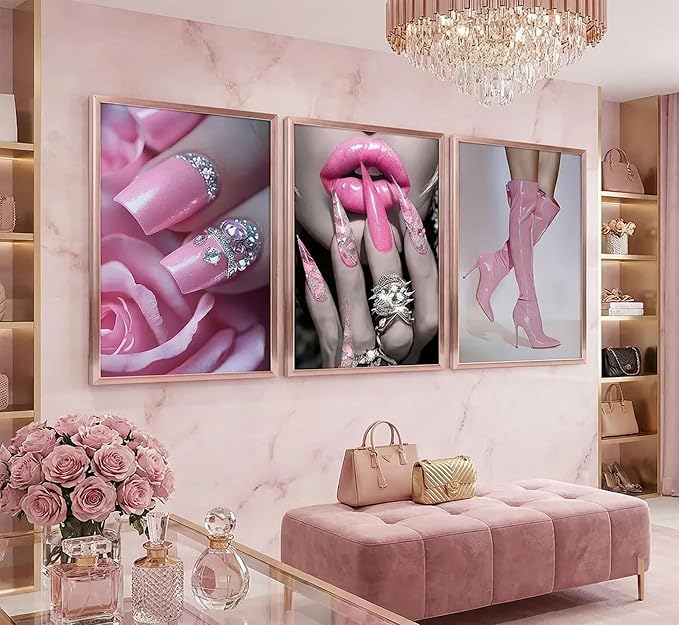 3pcs Fashion Pink Women Canvas Wall Art Glam Funky Maiden High Heel Posters Prints Paintings Elegant Dreamy Lips Pink Pictures Wall Decor for Living Room Bedroom Home Decoration Unframed