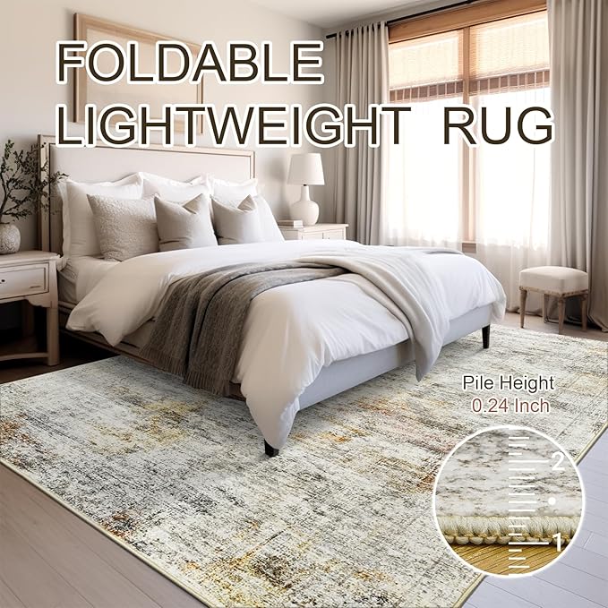 Soalmost 5x7 Area Rugs Gray Rust Low Pile Indoor Washable Trendy Faded Style Rugs for Bedroom Living Room Dining Room Foldable Non-Slip Thin Print Mat