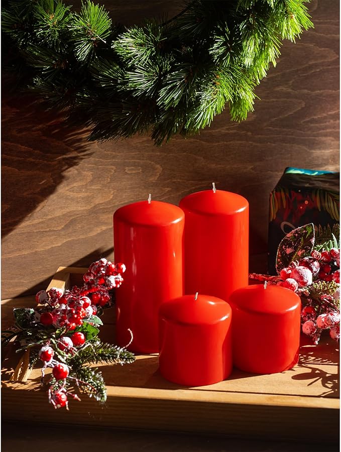 CANDWAX 3x6 Inch Red Pillar Candles Set of 3 - Unscented Christmas Pillars - 80-Hour Burn Time Self-Extinguishing Long Lasting Cone-Top Red Candles for Home Decor