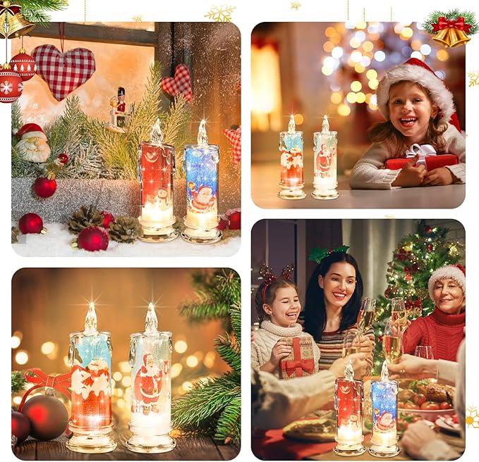 SupBri Flameless LED Candles Set of 4 with Santa Claus, Snowman Decals - Battery Operated Christmas Themed Festival Gift Decorations