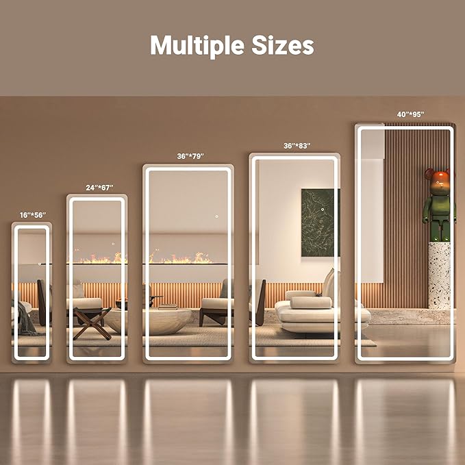 Full Length Mirror with Lights, 56" x 15.8" LED Lighted Floor Standing Body Mirror, Dimmable & 3 Color Lighting Cloakroom, Dressing Room, Tempered Glass, Rounded Corner White