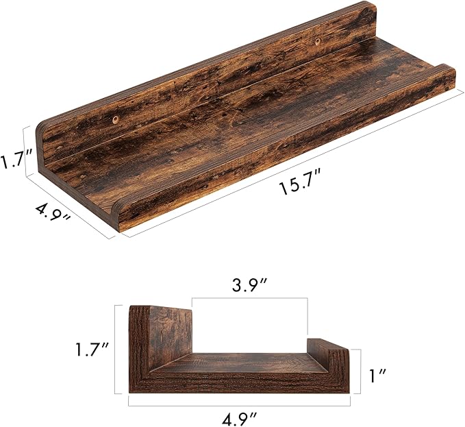 YUFLINX 16’’Rustic Brown Floating Shelves for Wall Set of 6,Rustic Wood Shelf for Room Decor/Storage/Display,Small Bookshelf,Wall Mounted Hanging Shelves for Bedroom, Bathroom, Living Room, Kitchen