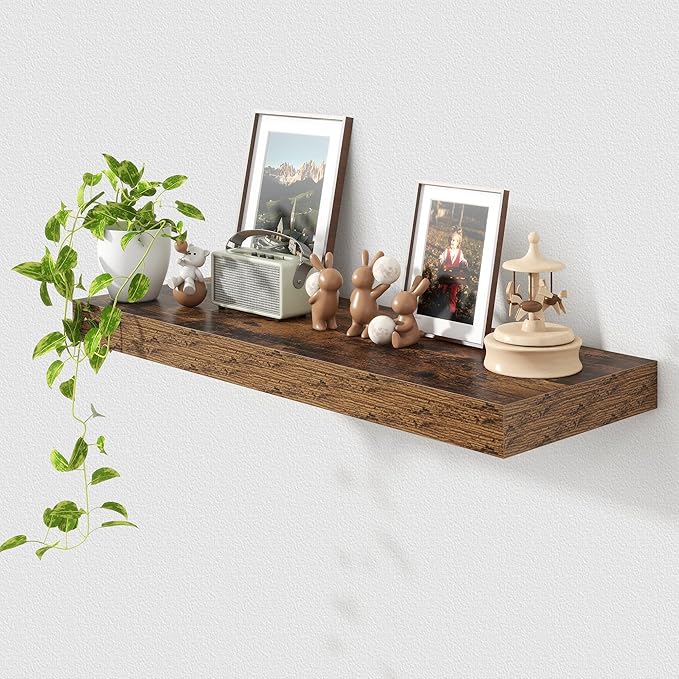 FLYJOE 12 Inch Deep Floating Shelves | 36 Inch Brown Floating Shelves | 36" W x 12" D Rustic Wood Shelves for Wall | Deep Brown Shelves for Living Room Bathroom Laundry Room Kitchen