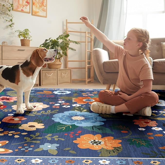 RELEANY Floral Nursery 2x10 Area Rugs Washable Print Boho Cute Carpet Non Slip Flower Low Pile for Living Room Kids Girls Playroom Bedroom Kitchen Office Farmhouse-Blue/Grey