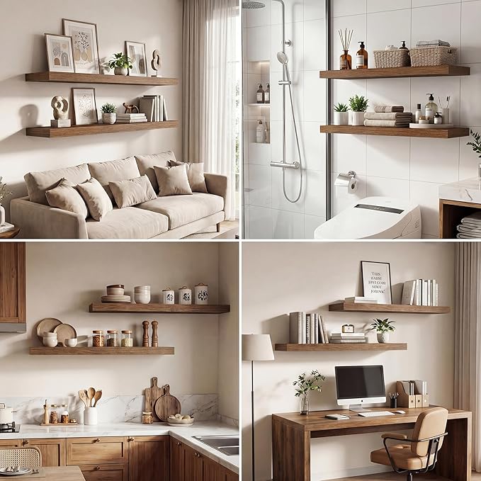 Dreamland 36 Inches Floating Shelves for Wall, 9.3" Deep Long Floating Shelves Set of 2, Large Display & Storage Shelf, Wall Shelf for Bathroom Bedroom Living Room Kitchen Office, Walnut
