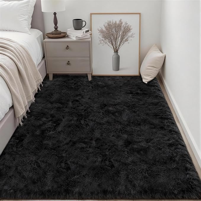 6x9 Area Rugs for Living Room Bedroom: Ultra Soft Fluffy Shag Rug Upgrade Non-Slip Non-Shedding Large Fuzzy Plush Carpet Indoor Floor Carpets for Kids Room Playroom Nursery Dorms Home Decor Black