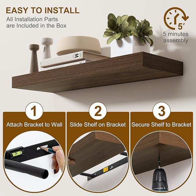 Fun Memories 55 Inch Fireplace Mantel - Long Floating Shelf, Wall Mounted Farmhouse Display with Invisible Heavy Duty Metal Bracket, 2 Pack, Walnut
