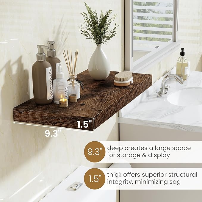 Fun Memories 55 Inch Long Floating Shelves for Wall, 55x9.3 Large Floating Shelf for Bedroom, Kitchen, Bathroom, Wall Mounted Rustic Wood Shelves with Invisible Bracket for Books, Decor, Rustic Brown