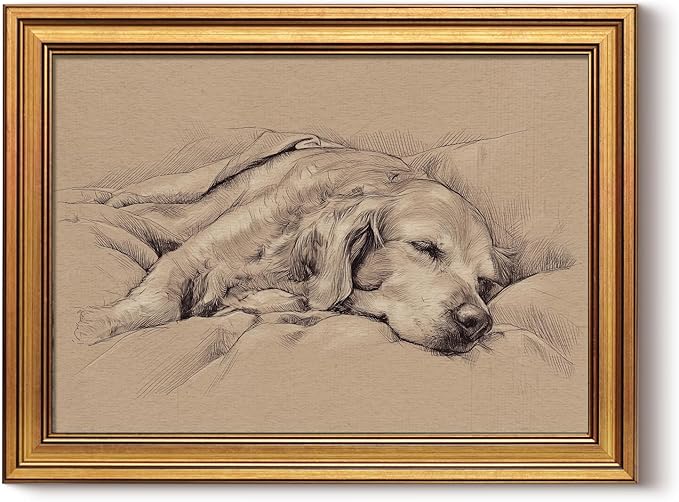 InSimSea Gold Framed Canvas Prints Wall Art, Vintage Dog Decor, Sketch Dog Sleep Paintings Farmhouse Wall Decor Aesthetic, Antique Minimalist Pictures for Bedroom Living Room Shelf, 12x16inch